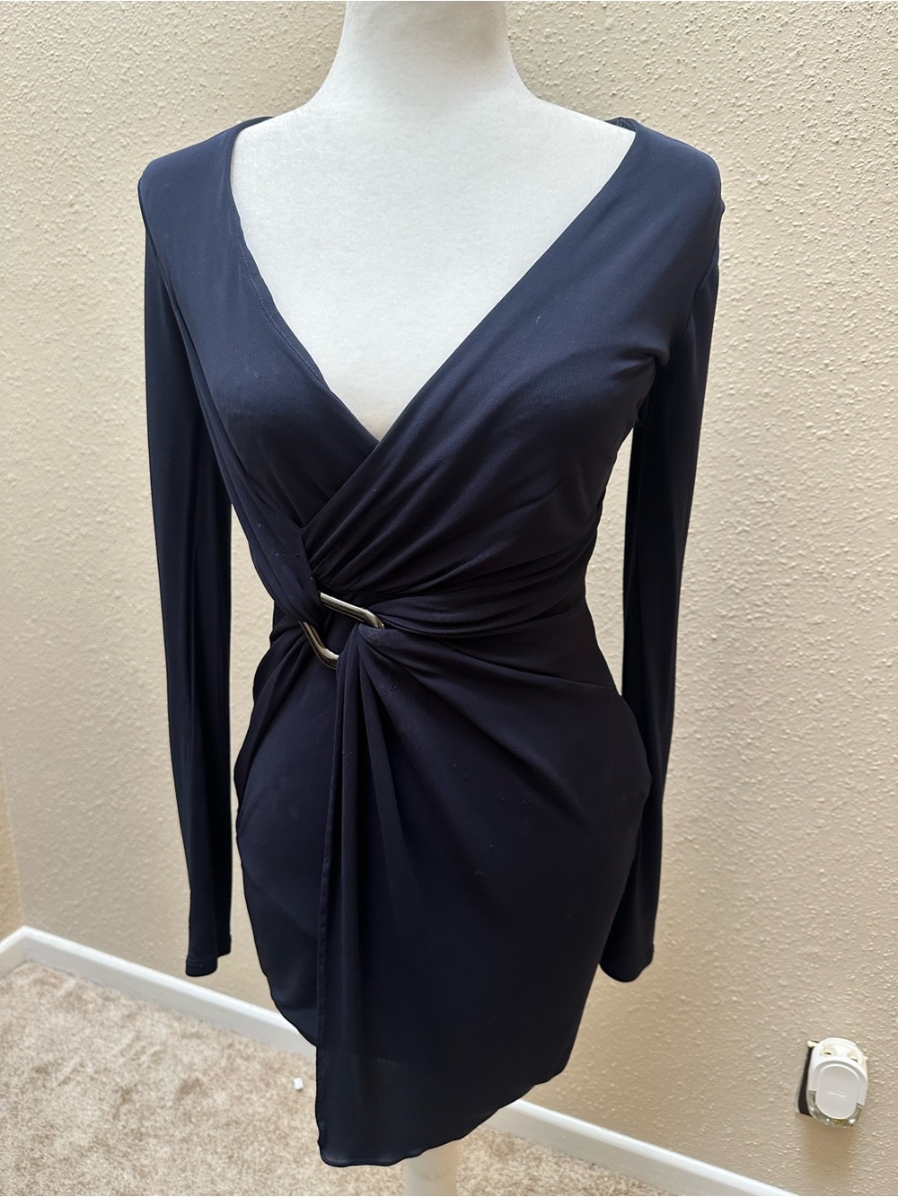 Halston Heritage Ruched V-Neck Wrap Bodycon Mini Dress Asymmetric Stretch Sz 0 - Picture 2 of 11
